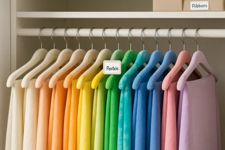 Agrupamento de tecidos delicados por tonalidade em cabides acolchoados de arame ajustável