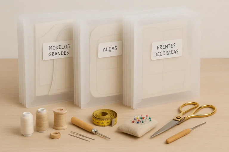 Arquivamento de moldes reutilizáveis em pastas plásticas transparentes com abas expansíveis